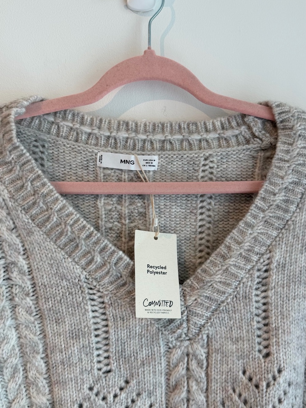 Mango Light Gray Openwork Cable V-Neck Sweater - Picture 5 of 5